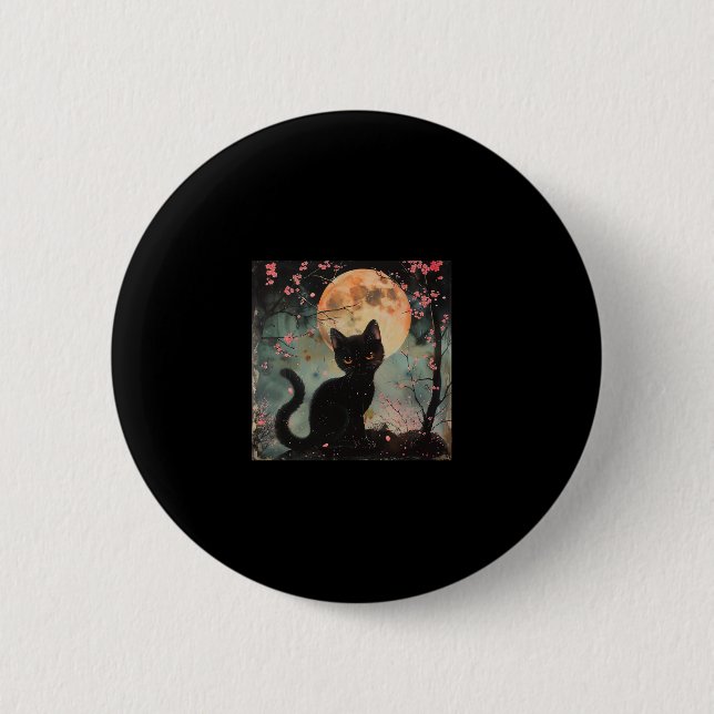 Mystical Red Moon with Black Cat and Sakura  6 Cm Round Badge (Front)