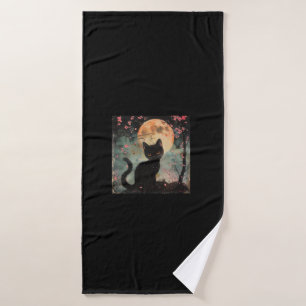 Mystical Red Moon with Black Cat and Sakura Bath Towel