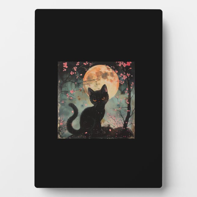 Mystical Red Moon with Black Cat and Sakura  Plaque (Front)