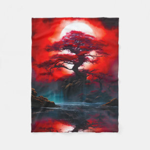 Mystical Red Tree Under Full Moon Fleece Blanket