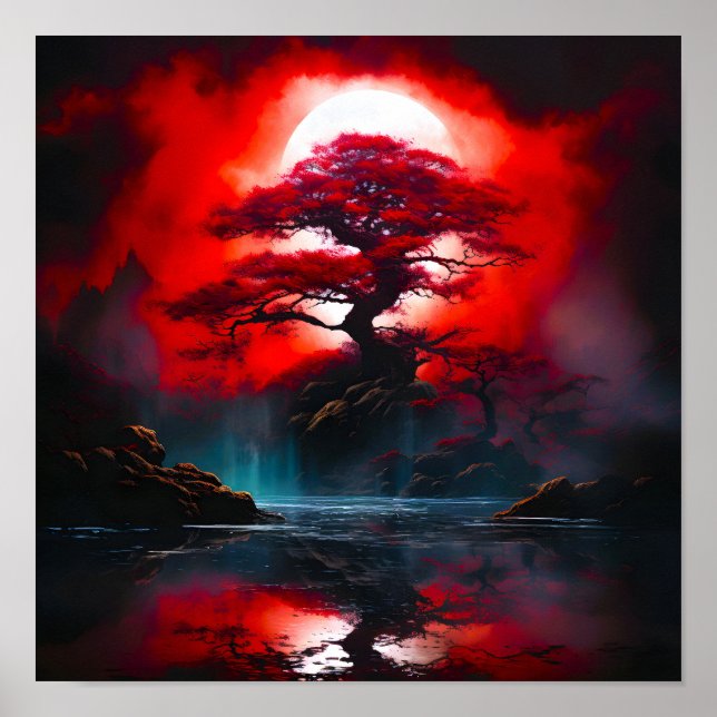 Mystical Red Tree Under Full Moon Poster (Front)