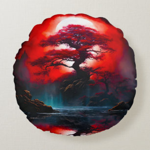 Mystical Red Tree Under Full Moon Round Cushion
