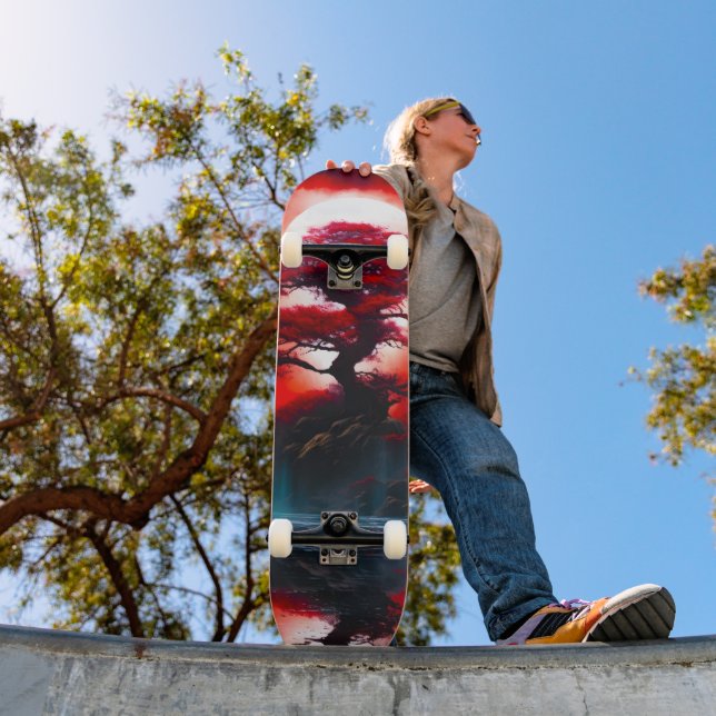 Mystical Red Tree Under Full Moon Skateboard (Outdoor 1)