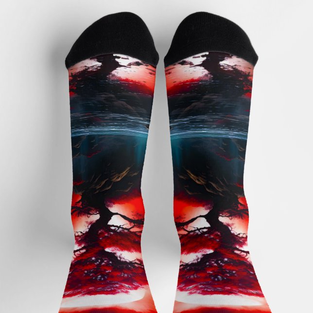 Mystical Red Tree Under Full Moon Socks (Top)