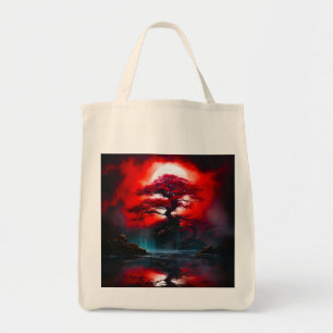 Mystical Red Tree Under Full Moon Tote Bag