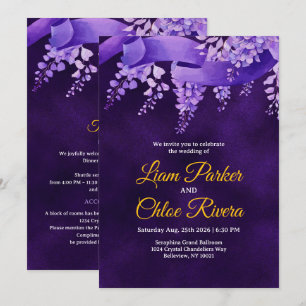 Mystical Royal Purple Gold Wisteria Wedding Detail Invitation