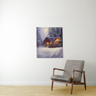 Mystical Rustic Log Cabin Amongst The Evergreens Tapestry