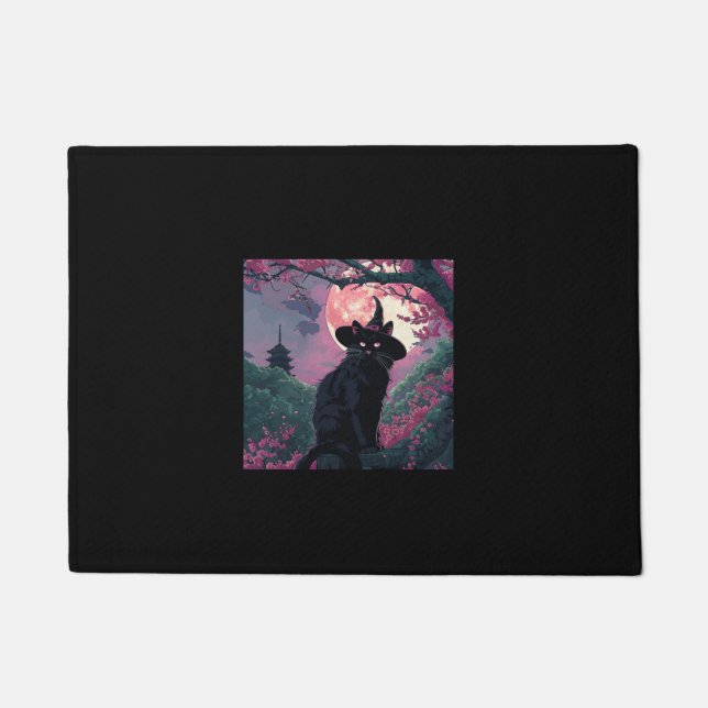 Mystical Sakura Black Cat Witch Hat for Halloween  Doormat (Front)