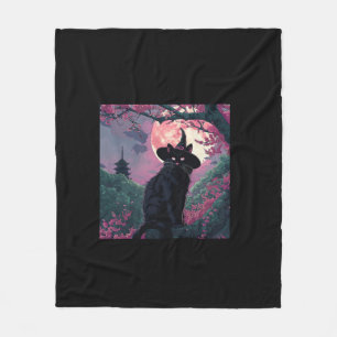 Mystical Sakura Black Cat Witch Hat for Halloween Fleece Blanket
