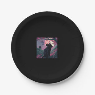 Mystical Sakura Black Cat Witch Hat for Halloween Paper Plate