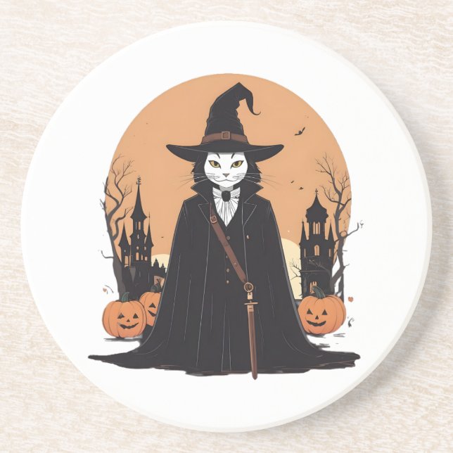 Mystical Salem Black Cat with Pumpkins Coaster (Front)