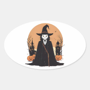 Mystical Salem Black Cat with Pumpkins Oval Sticker
