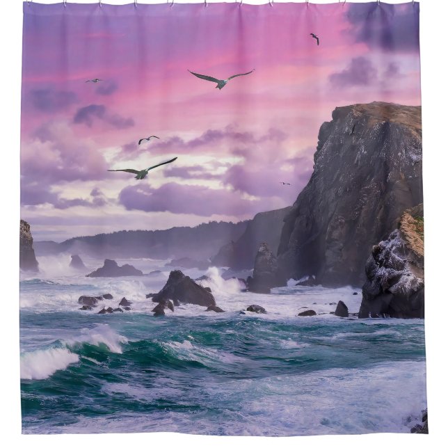Mystical Shores: Echoes of Purple Twilight Shower Curtain (Front)