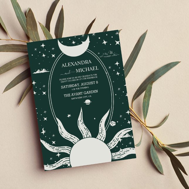  Mystical Silver and Green Sun Moon Wedding Invitation (Creator Uploaded)
