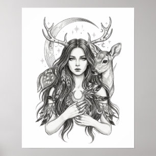 Mystical Slavic Forest Goddess Moon & Deer Vinyl S Poster