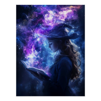 Mystical Sorceress with Magic Book Fantasy Art Poster