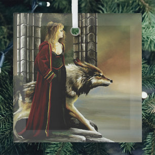Mystical Sorceress Wolf Guardian Stone Portal Glass Tree Decoration