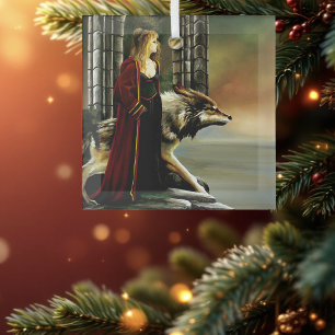 Mystical Sorceress Wolf Guardian Stone Portal  Glass Tree Decoration