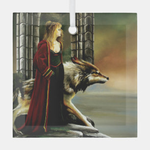 Mystical Sorceress Wolf Guardian Stone Portal Glass Tree Decoration
