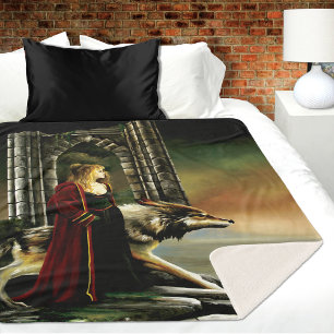 Mystical Sorceress Wolf Guardian Stone Portal Sherpa Blanket