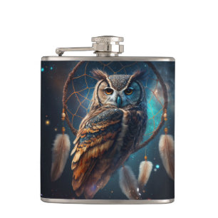 Mystical Space Owl with Dreamcatcher Art       Hip Flask