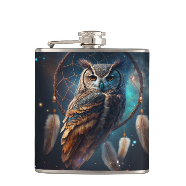 Mystical Space Owl with Dreamcatcher Art       Hip Flask (Front)