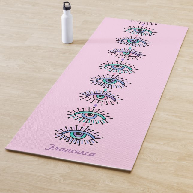 Mystical Spiritual Eyes Third Eye Motif on Pink Yoga Mat (In Situ)