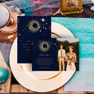 Mystical Starry Night Sun Moon Navy Photo Thank You Card