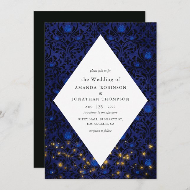 Mystical Stars Floral Damask Wedding Invitation (Front/Back)