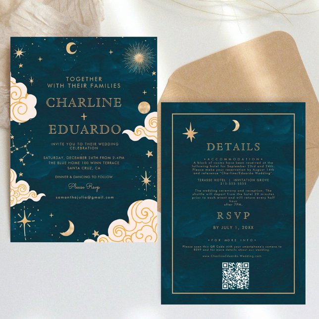 Mystical Stars Moon  Celestial Qr Code Wedding Invitation (Creator Uploaded)