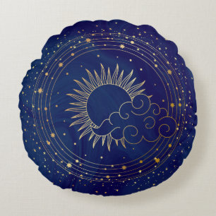 Mystical Sun, Moon and Clouds Meditation Round Cushion