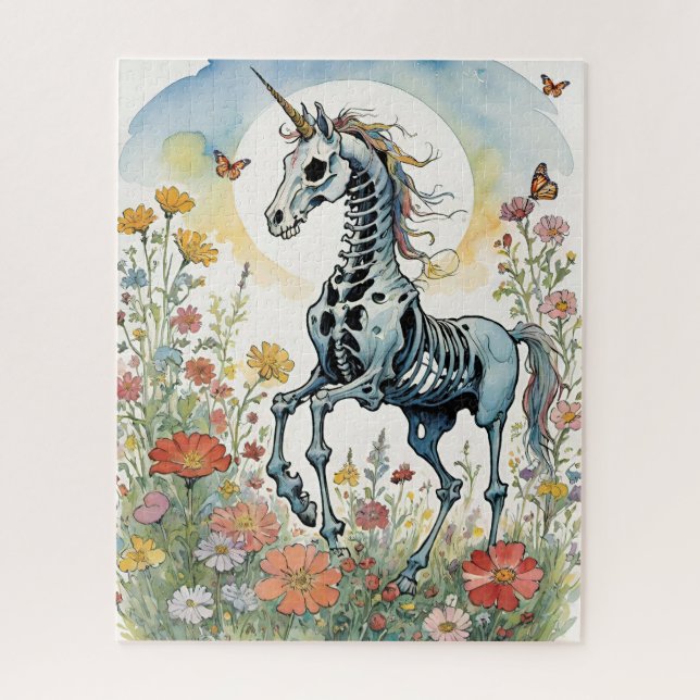 Mystical Sunrise Unicorn Skeleton Floral Jigsaw Puzzle (Vertical)