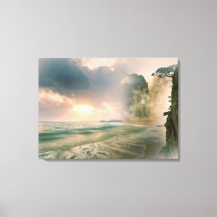 Mystical Sunset on Beach Ocean Cliff Scene Artwork Canvas Print