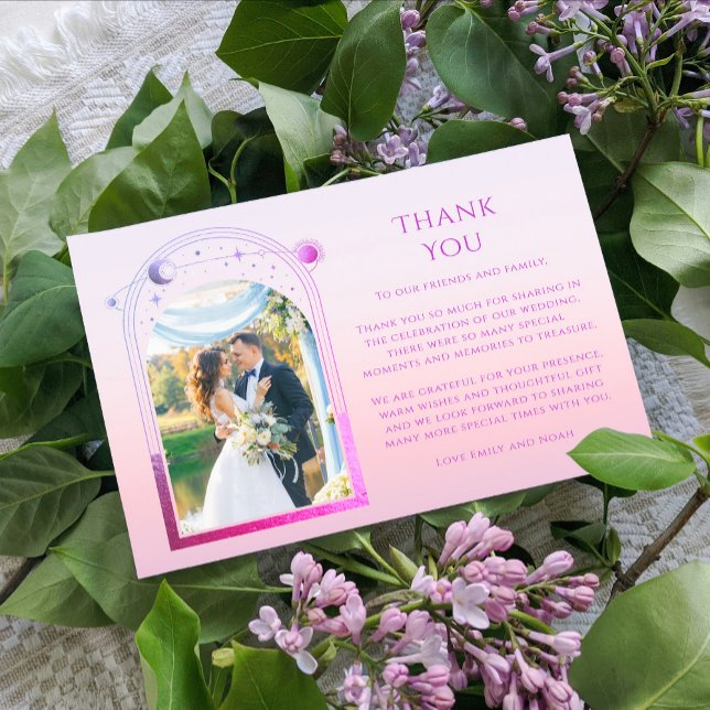 Mystical Sunset Pink Sun Moon Stars Photo Wedding Thank You Card (Creator Uploaded)