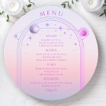 Mystical Sunset Pink Sun Moon Stars Space Wedding Menu<br><div class="desc">Mystical Sunset Pink Sun Moon Stars Space Wedding Menu Cards features a pink and purple sun, moon and stars frame on a pastel beach sunset background with your menu details in the centre in modern purple calligraphy script. Personalise by editing the text in the text boxes provided. Designed for you...</div>