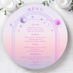 Mystical Sunset Pink Sun Moon Stars Space Wedding Menu<br><div class="desc">Mystical Sunset Pink Sun Moon Stars Space Wedding Menu Cards features a pink and purple sun, moon and stars frame on a pastel beach sunset background with your menu details in the centre in modern purple calligraphy script. Personalise by editing the text in the text boxes provided. Designed by Evco...</div>