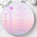 Mystical Sunset Pink Sun Moon Stars Space Wedding Menu<br><div class="desc">Mystical Sunset Pink Sun Moon Stars Space Wedding Menu Cards features simple pink and purple stars on a pastel beach sunset background with your menu details in the centre in modern purple calligraphy script. Personalise by editing the text in the text boxes provided. Designed by Evco Studio www.zazzle.com/store/evcostudio</div>