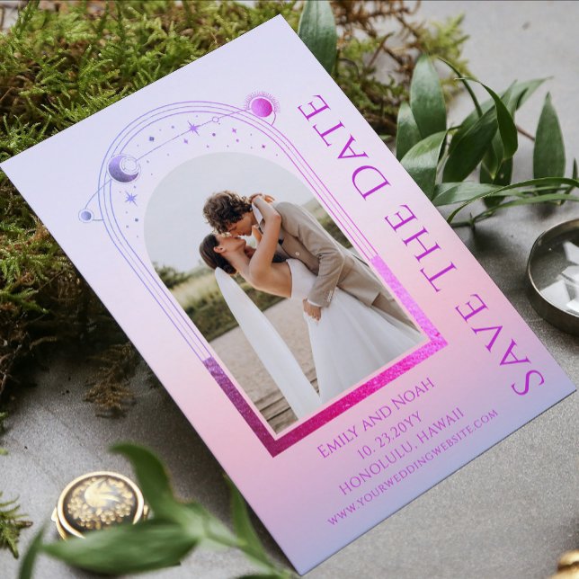 Mystical Sunset Pink Sun Moon Stars Wedding Save The Date (Creator Uploaded)