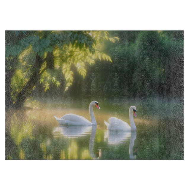 Mystical Swans Gracefully Gliding On Summer Pond Cutting Board (Front)