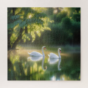 Mystical Swans Gracefully Gliding On Summer Pond Jigsaw Puzzle