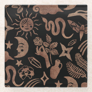 Mystical symbols: snake, sun, moon. glass coaster