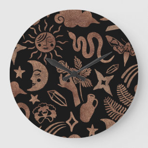 Mystical symbols: snake, sun, moon. large clock