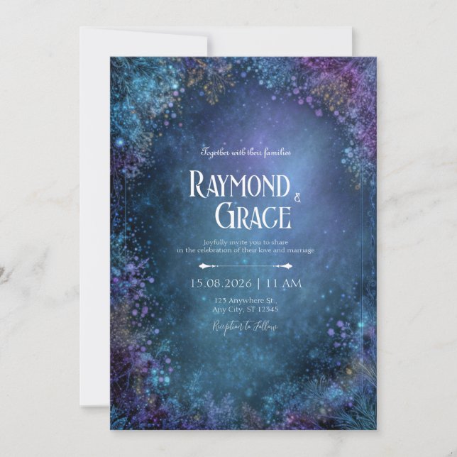 Mystical Teal Celestial Floral Galaxy Wedding Invitation (Front)
