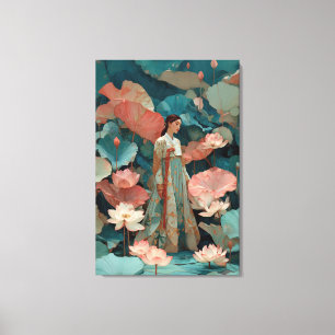 Mystical Teal Hanbok and Giant Lotus Canvas Art