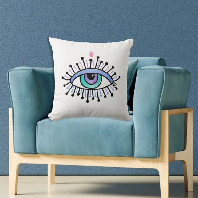 Mystical Third Eye Spiritual Yoga New Age Cushion (White Pillow with hand drawn mystical eye third eye symbol on aqua chair)
