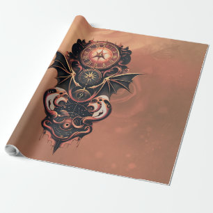Mystical time travel with wings, steampunk watch. wrapping paper