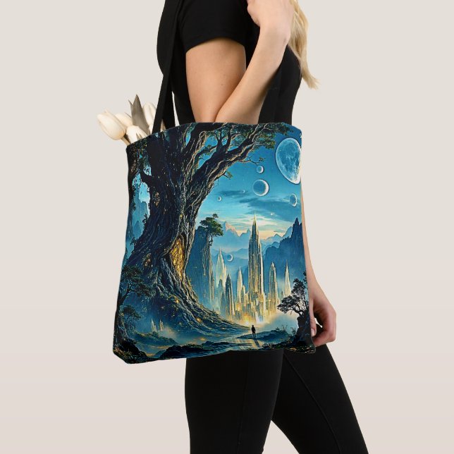Mystical Tree City Dreamscape Tote Bag (Close Up)