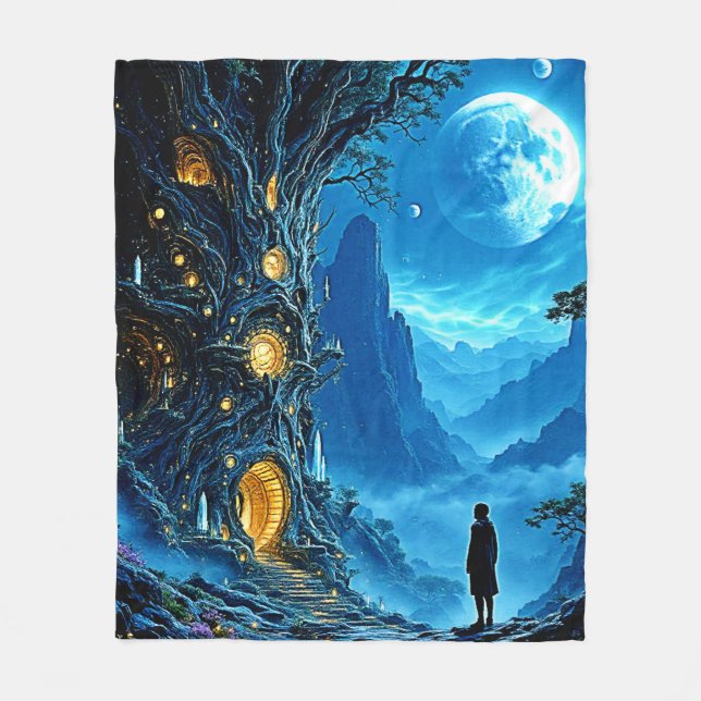 Mystical Tree Home Dreamscape Fleece Blanket (Front)