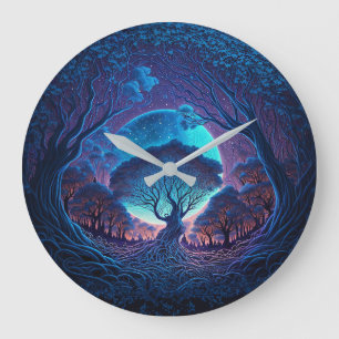 Mystical Tree of Roots Lit by Large Moon Clock