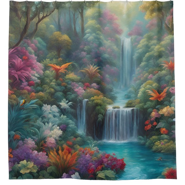“Mystical Tropical Waterfall” Shower Curtain (Front)